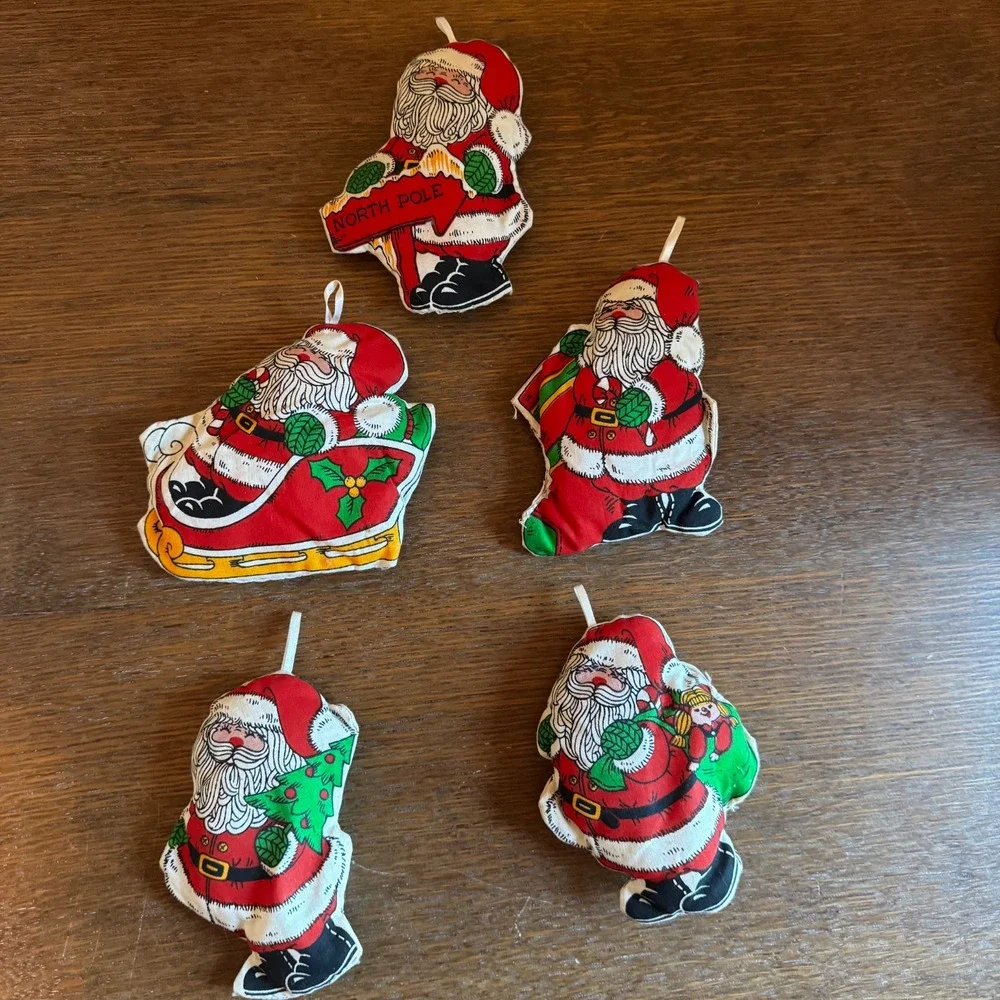 VTG‎ 5 Christmas Ornament Santa Plush Handmade Hand Sewn Fabric Pattern Panel